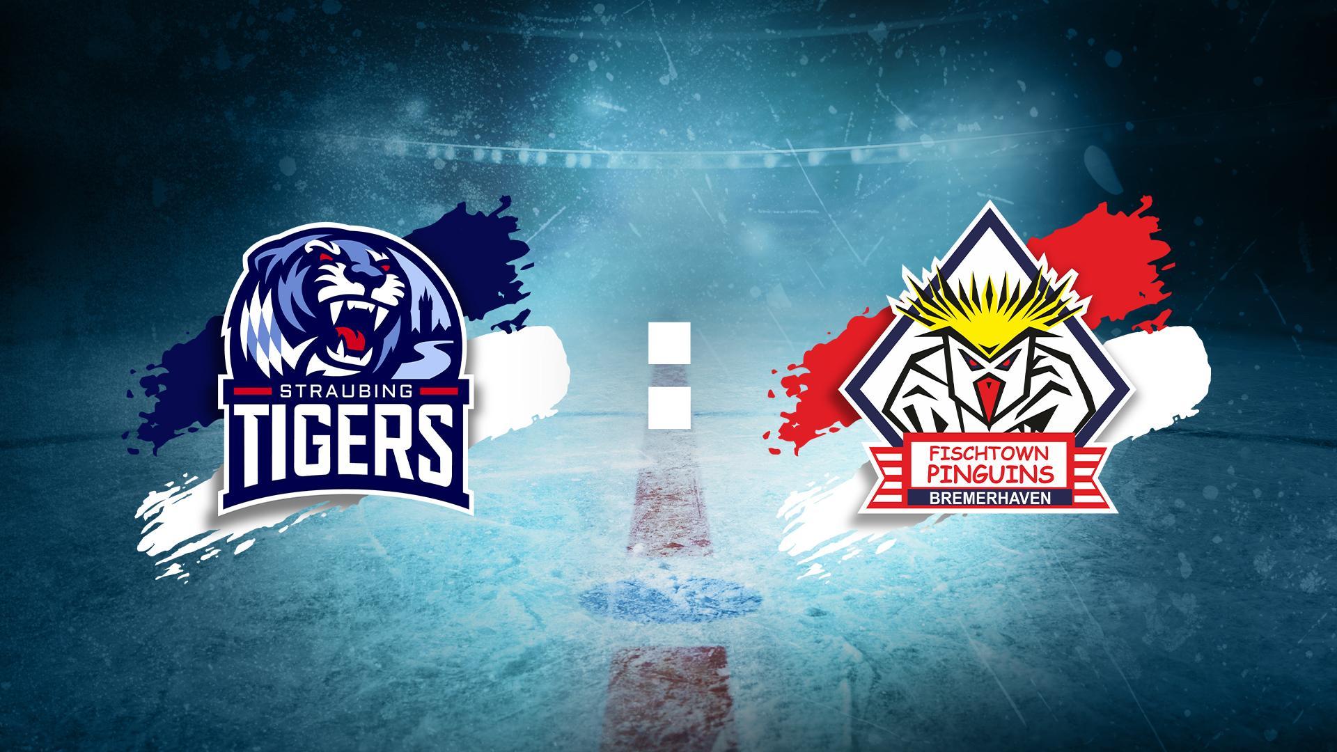 Werbegrafik PENNY DEL mit Logos von Straubing und Bremerhaven vor Eishockey-Hintergrund